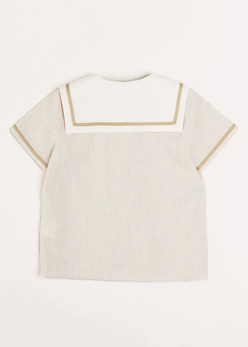 Tops & Shirts | Shirts | Pepa London Striped Mariner Collar Short Sleeve Shirt in Beige (12mths-6yrs)