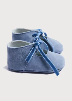 Pram Shoes | Pram Shoes | Pepa London Suede Velvet Ribbon Pram Shoes in Blue (17-21 EU)