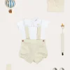 Lookbooks | Pepa London Train Embroidery Statement Collar Short Sleeve Bodysuit in Green (3mths-2yrs) | Plain Bloomers With Braces in White (6mths-2yrs) | Plain Cardigan in Cream (6mths-10yrs) | Suede T-Bar Pram Shoes in Beige (17-20EU) | Ribbed Short Socks in Beige (0mths-10yrs) | Big Brother Beach Mouse Toy | Waterford Striped Dummy Clip in Beige