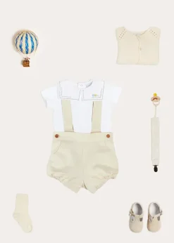 Lookbooks | Pepa London Train Embroidery Statement Collar Short Sleeve Bodysuit in Green (3mths-2yrs) | Plain Bloomers With Braces in White (6mths-2yrs) | Plain Cardigan in Cream (6mths-10yrs) | Suede T-Bar Pram Shoes in Beige (17-20EU) | Ribbed Short Socks in Beige (0mths-10yrs) | Big Brother Beach Mouse Toy | Waterford Striped Dummy Clip in Beige
