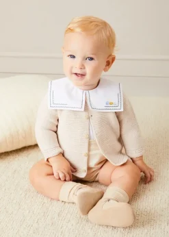 Lookbooks | Pepa London Train Embroidery Statement Collar Short Sleeve Bodysuit in Green (3mths-2yrs) | Plain Bloomers With Braces in White (6mths-2yrs) | Plain Cardigan in Cream (6mths-10yrs) | Suede T-Bar Pram Shoes in Beige (17-20EU) | Ribbed Short Socks in Beige (0mths-10yrs) | Big Brother Beach Mouse Toy | Waterford Striped Dummy Clip in Beige