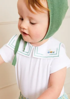 Tops & Bodysuits | Bodysuits & Baby Grows | Pepa London Train Embroidery Statement Collar Short Sleeve Bodysuit in Green (3mths-2yrs)