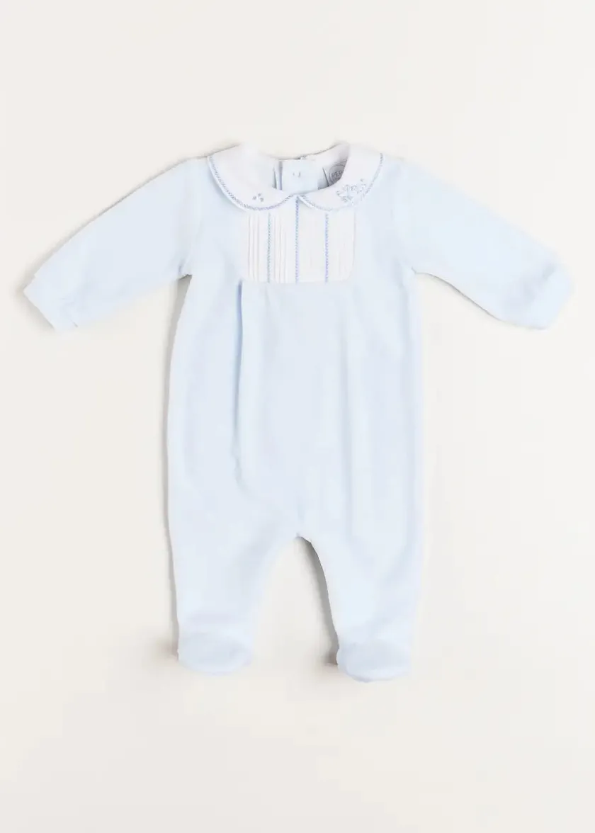 All In Ones | Bodysuits & Baby Grows | Pepa London Velour Peter Pan Collar All-In-One in Blue (1mth-12mths)