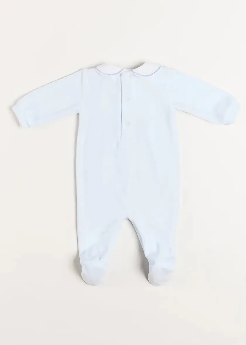 All In Ones | Bodysuits & Baby Grows | Pepa London Velour Peter Pan Collar All-In-One in Blue (1mth-12mths)