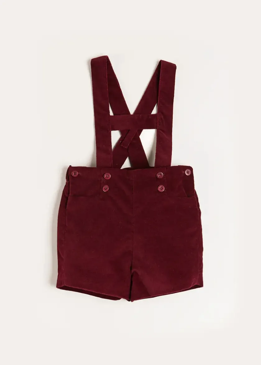 Shorts & Trousers | Dungarees & Rompers | Pepa London Velvet Button Detail Shorts with Braces in Burgundy (18mths-4yrs)