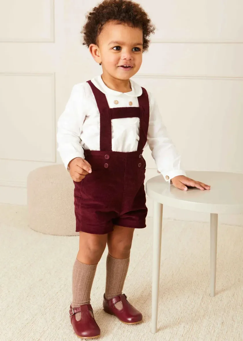 Shorts & Trousers | Dungarees & Rompers | Pepa London Velvet Button Detail Shorts with Braces in Burgundy (18mths-4yrs)