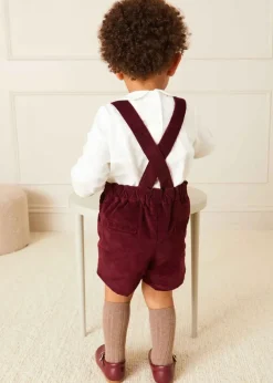 Shorts & Trousers | Dungarees & Rompers | Pepa London Velvet Button Detail Shorts with Braces in Burgundy (18mths-4yrs)