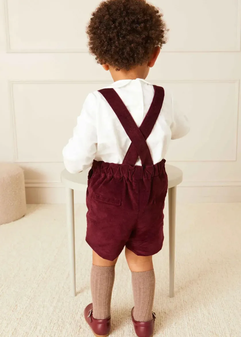 Shorts & Trousers | Dungarees & Rompers | Pepa London Velvet Button Detail Shorts with Braces in Burgundy (18mths-4yrs)
