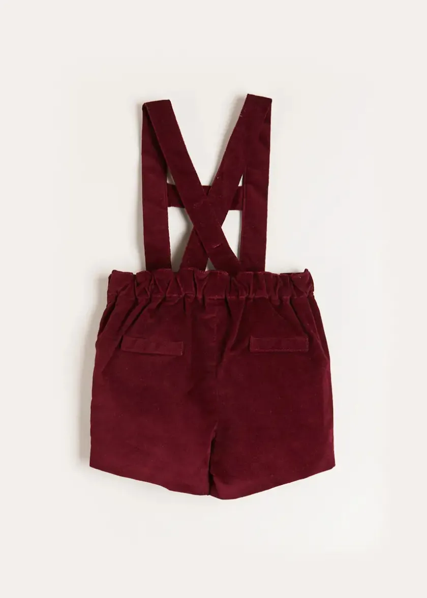 Shorts & Trousers | Dungarees & Rompers | Pepa London Velvet Button Detail Shorts with Braces in Burgundy (18mths-4yrs)