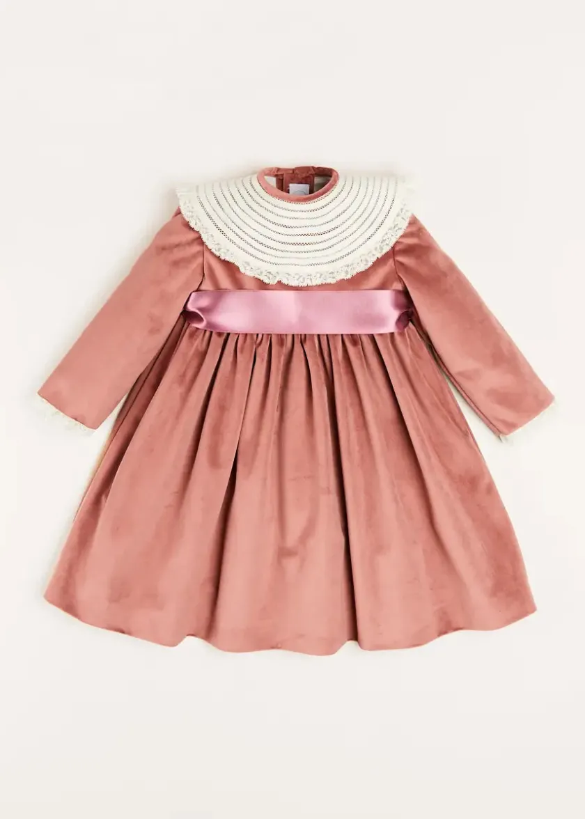 Dresses | Dresses | Pepa London Velvet Handmade Collar Long Sleeve Dress in Pink (2-10yrs)