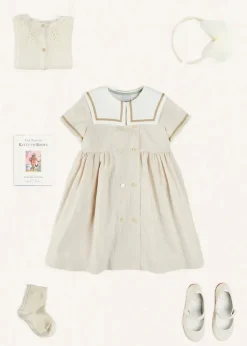 Lookbooks | Pepa London Waterford Striped Mariner Collar Double Breasted Short Sleeve Dress in Beige (12mths-10yrs) | Openwork Cotton Cardigan in Cream (6mths-10yrs) | Girl's Beige Leather Celebration Shoes (20-34EU) | Tulle Long Bow Clip In Cream | Cotton Short Socks Cream (0mths-10yrs)