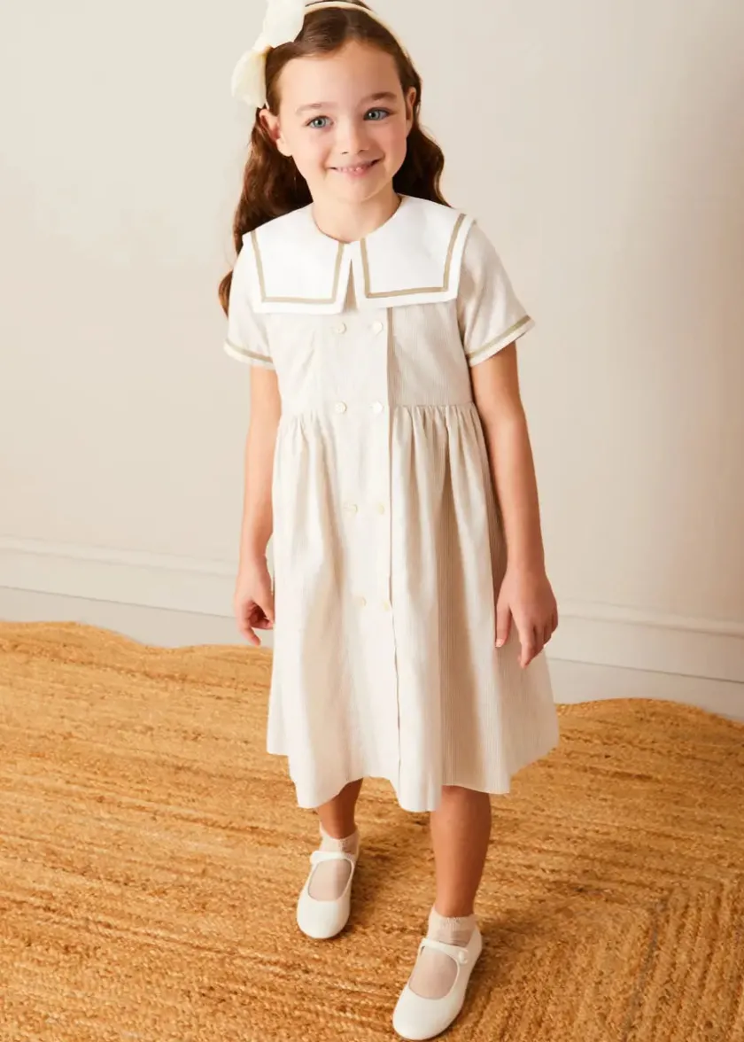 Dresses | Dresses | Pepa London Waterford Striped Mariner Collar Double Breasted Short Sleeve Dress in Beige (12mths-10yrs)