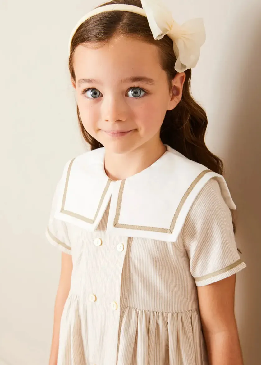 Dresses | Dresses | Pepa London Waterford Striped Mariner Collar Double Breasted Short Sleeve Dress in Beige (12mths-10yrs)