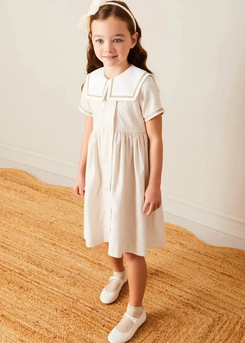 Dresses | Dresses | Pepa London Waterford Striped Mariner Collar Double Breasted Short Sleeve Dress in Beige (12mths-10yrs)