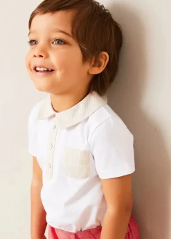Lookbooks | Pepa London Whale Intarsia Striped Jumper in Blue (6mths-10yrs) | Waterford Striped Polo Collar Short Sleeve Top in Beige (12mths-4yrs) | Plain Linen Toddler Shorts in Red (12mths-4yrs) | Woven T-Bar Baby Shoes in Navy (20-26EU)
