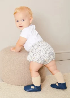 Lookbooks | Pepa London Whale Intarsia Striped Jumper in Blue (6mths-10yrs) | Ellis Short Sleeve Bodysuit with Printed Collar Made with Liberty Fabric (1m-2yrs) | Ellis Floral Bloomer in Blue Made with Liberty Fabric (1m-3yrs) | Leather T-Bar Pram Shoes in Classic Blue (17-20EU) | Ribbed Short Socks in Beige (0mths-10yrs) | Big Brother Beach Mouse Toy | Ellis Dummy Clip in Blue Made with Liberty Fabric