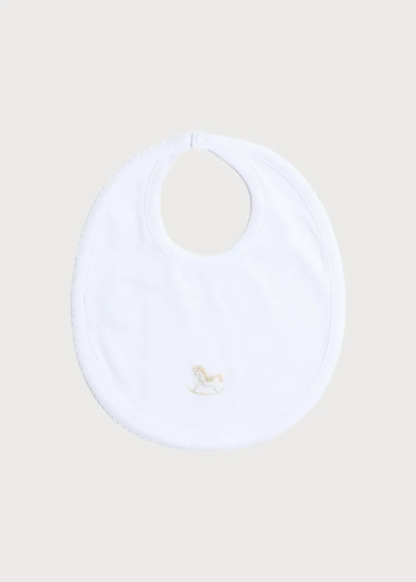 Bibs | Gifting | Pepa London White Bib with Beige Embroidered Rocking Horse